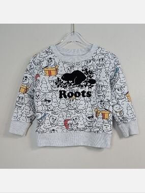 🇨🇦 Roots Kids Gray Cartoon Beaver Winter Sweatshirt, Size T3 ~ EUC
